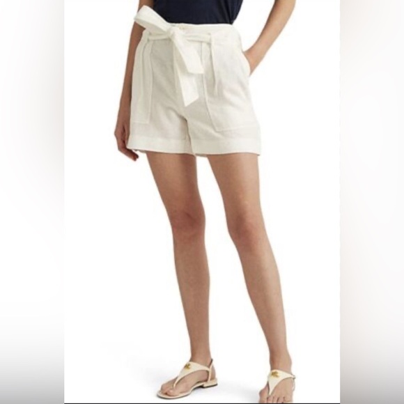 Lauren Ralph Lauren Belted Linen Shorts Winter Cream Women’s Size 14 NWT Classic - Picture 1 of 11